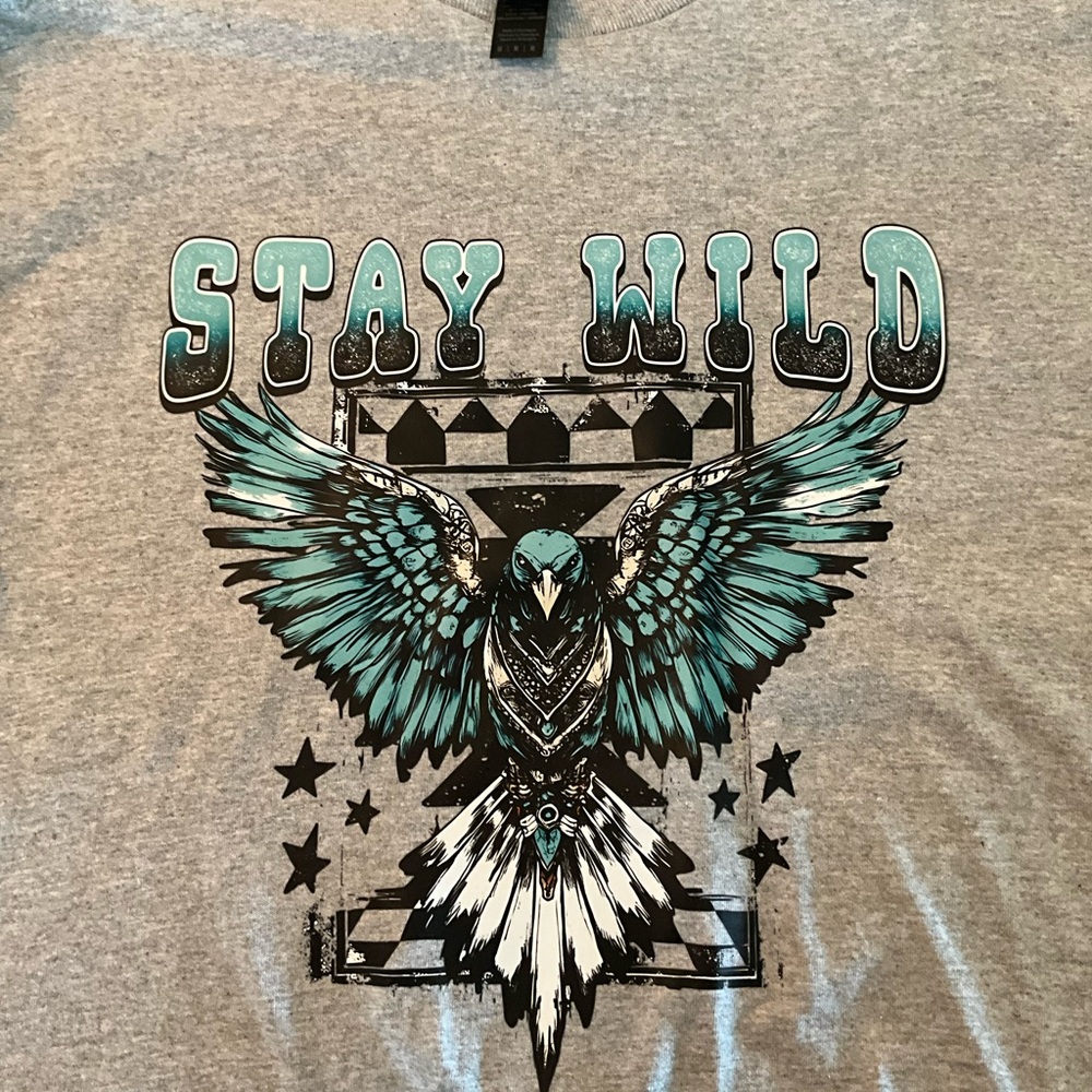 Stay Wild Graphic Long Sleeve Tee - Gray with Teal & Black Eagle handmade - Picture 4 of 4